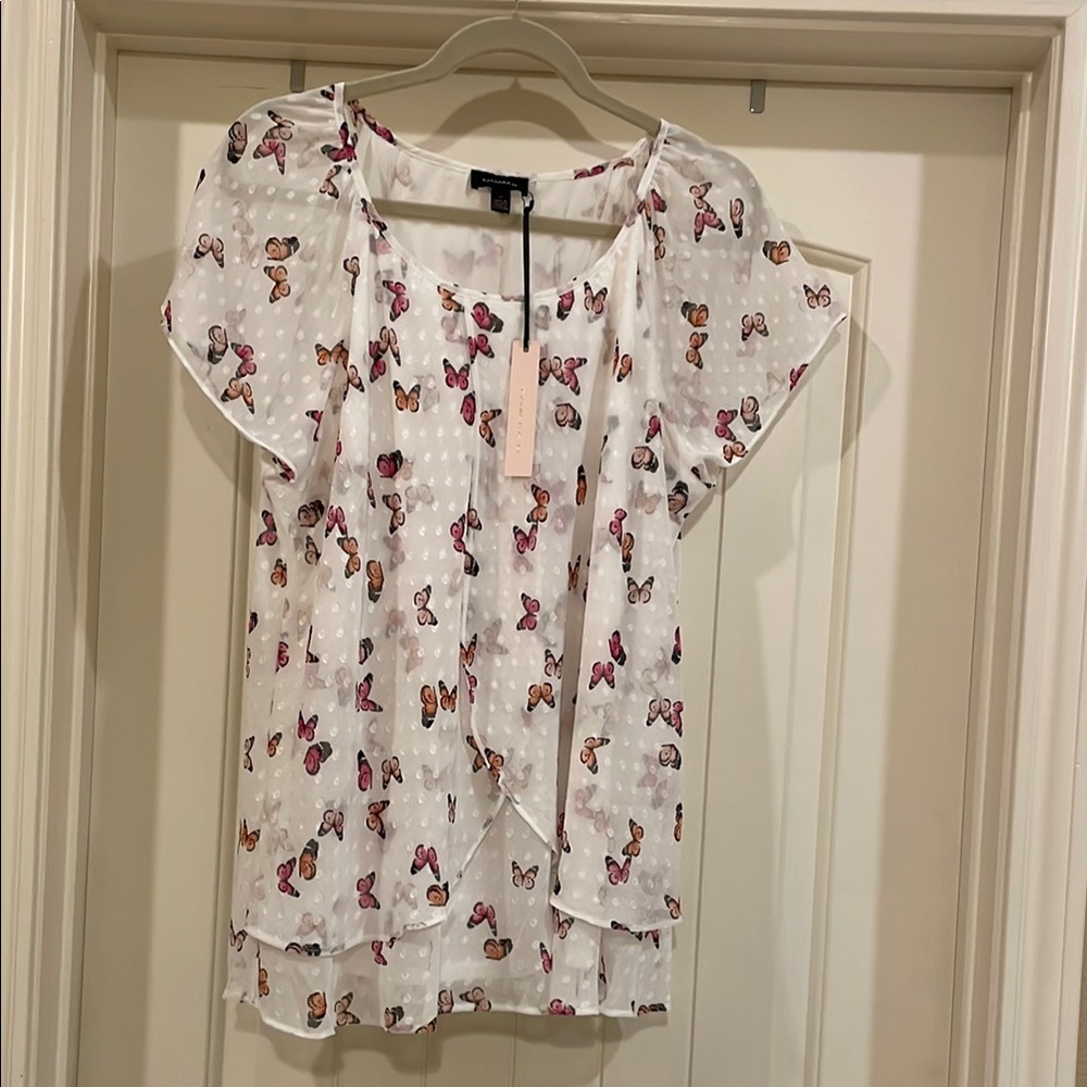 Pink and White Front Flutter Sleeve Blouse, NWT